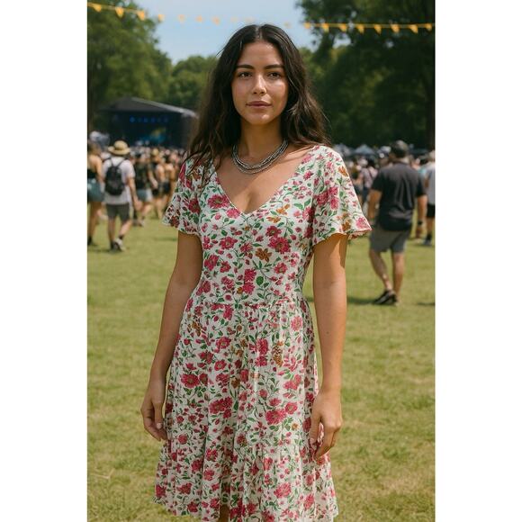 April Cornell Dress Womens XS Floral Short Sleeve Midi Ruffle Boho Summer Flowy - Picture 1 of 6